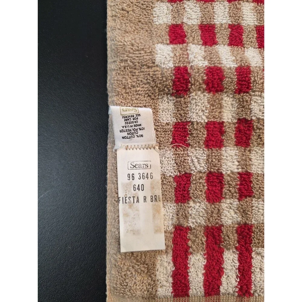 VTG 70s Sears Fiesta Hand Towel Red Beige Gingham Check Fringe Terry Cloth MCM